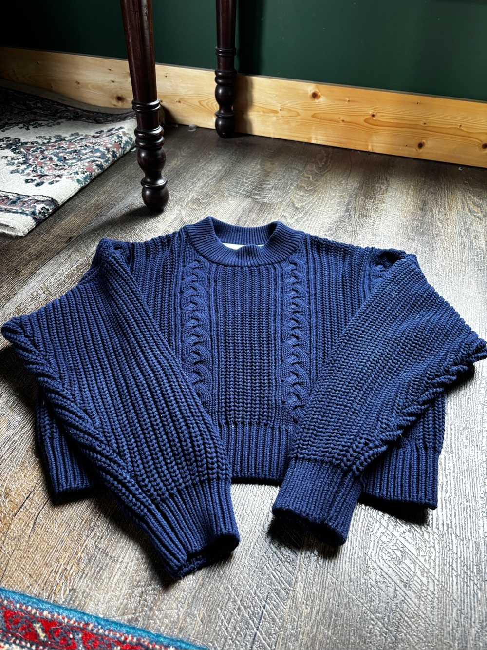 Vintage Nordstrom Cropped Navy Cable-Knit Women's Sweater